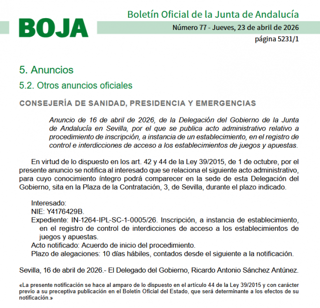El BOJA inicia una interdicción de acceso al juego solicitada por un local