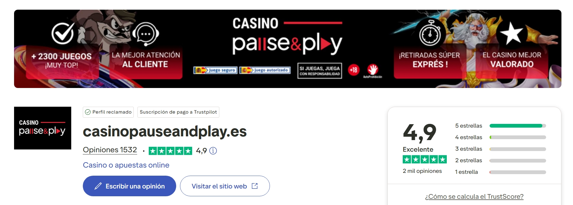 Grupo Vid impulsa Casino Pause&Play como casino online mejor valorado en Trustpilot