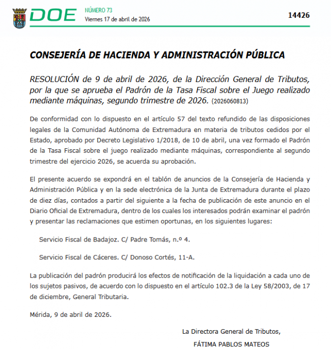 Extremadura aprueba el padrón fiscal de máquinas del segundo trimestre de 2026