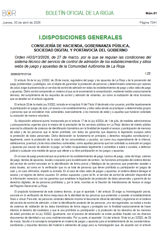 La Rioja regula la identificación biométrica en los controles de admisión de los establecimientos y webs de juego