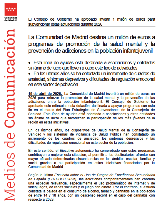 Madrid destina 1 millón a salud mental juvenil y alerta sobre juego y uso digital