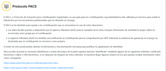 Consumo reactiva el protocolo PACS contra las suplantaciones en el juego online durante la Renta