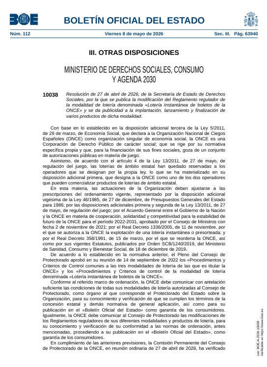 El BOE renueva los rascas de la ONCE: llega “Siete y media 2026” y desaparece el “3 en raya”