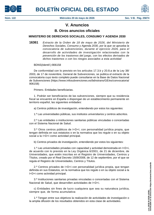 El Gobierno destina 950.620 euros a investigar los riesgos y trastornos del juego en 2026