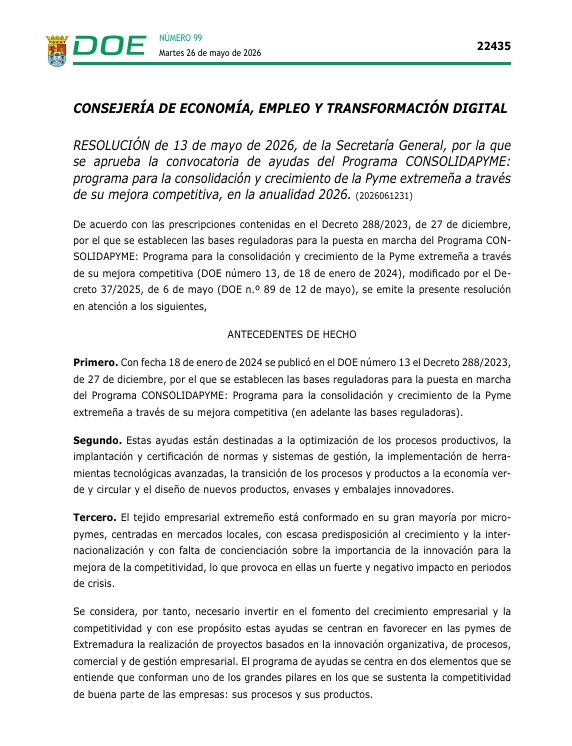  Extremadura excluye explícitamente las actividades de juegos del programa CONSOLIDAPYME 2026