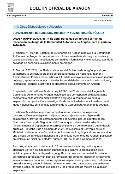 Aragón aprueba su nuevo Plan de Inspección de Juego hasta 2030