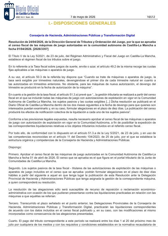 HOY EN EL BOLETÍN: Castilla-La Mancha aprueba el censo fiscal de máquinas de juego autorizadas a 1 de abril de 2026