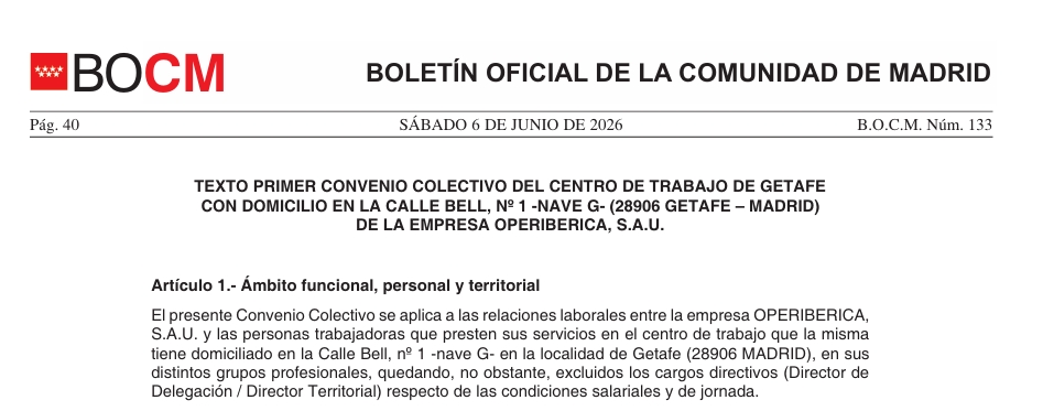  Operibérica firma su primer convenio colectivo para el centro de Getafe, con vigencia hasta 2029