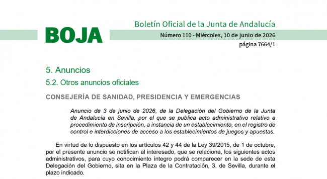 Solicitan nueva inscripción en el Registro Andaluz de Control de Acceso