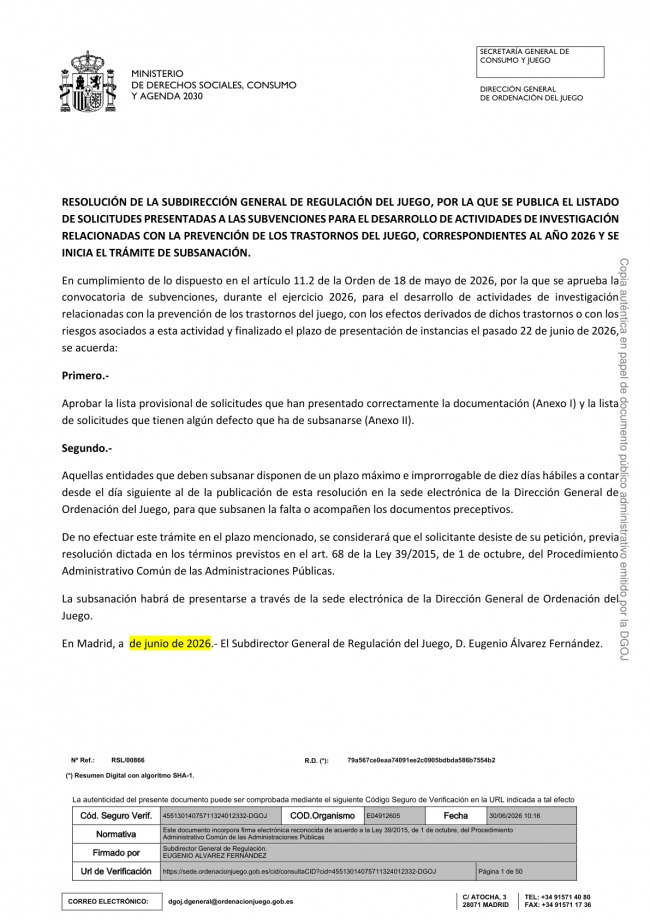 Estas son las entidades beneficiarias de más de un millón de euros en subvenciones de la DGOJ para investigar los trastornos del juego
