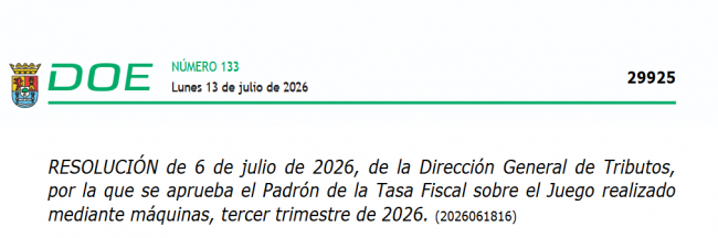 Extremadura aprueba el padrón de la tasa fiscal sobre máquinas de juego del tercer trimestre de 2026