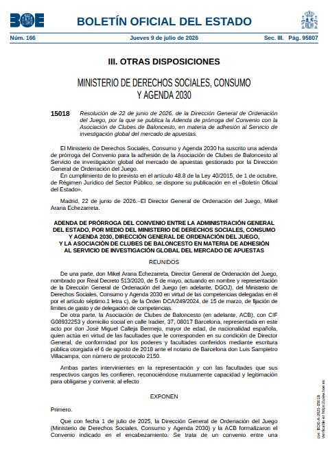 La DGOJ prorroga dos años más su convenio con la ACB para vigilar el mercado de apuestas sobre el baloncesto