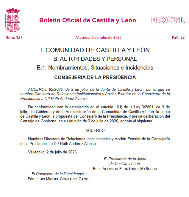 Ruth Andérez seguirá al frente de Relaciones Institucionales y asume también Acción Exterior en la Consejería de la Presidencia de Castilla y León