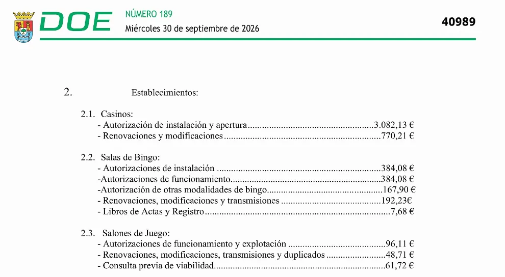 Junta de Extremadura mantiene tasas del juego en 2026