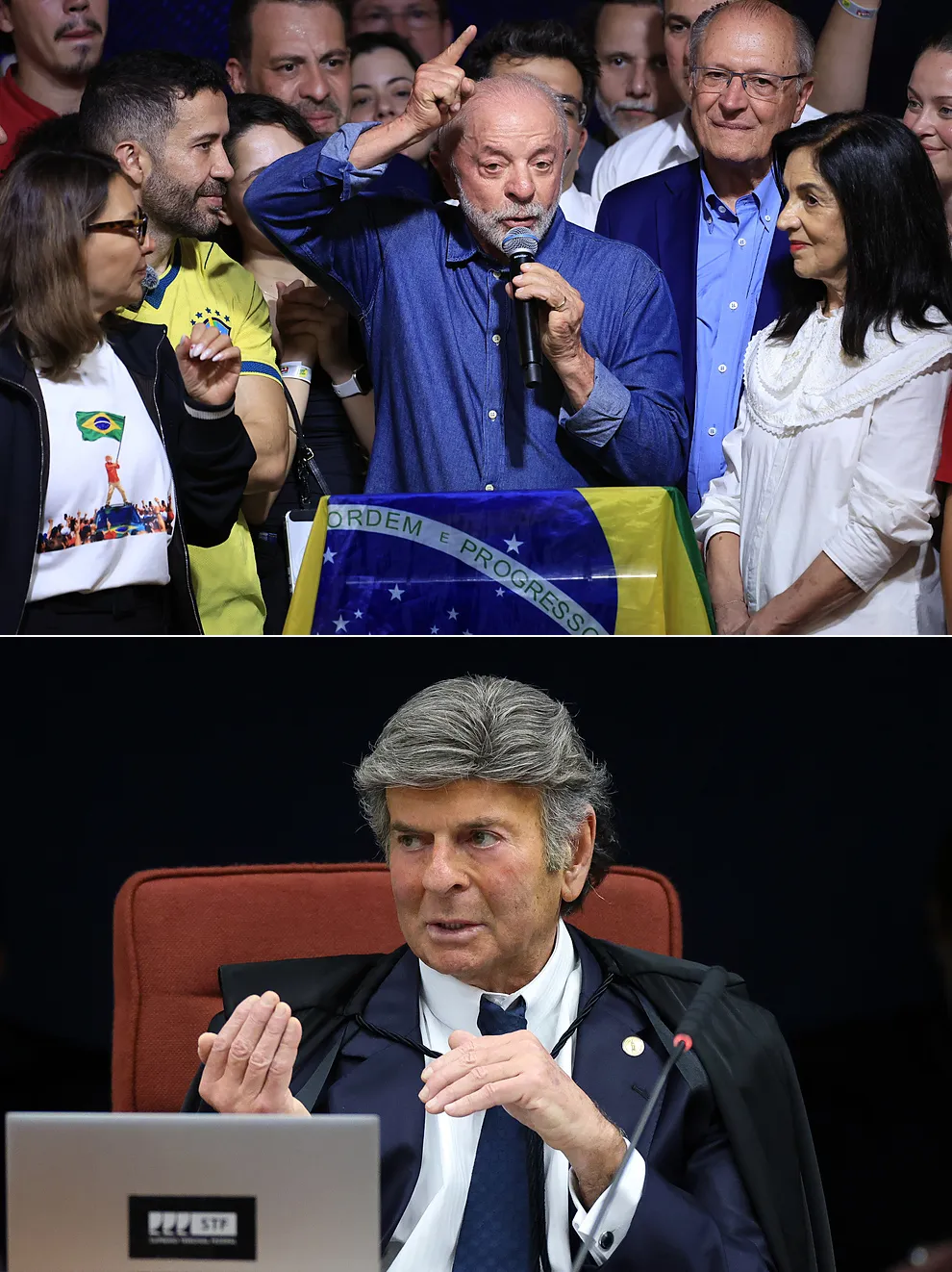 the president of Brazil, Luiz Inácio Lula da Silva, in his victory speech after being re-elected on October 25 in São Paulo (left), and the minister of the Supreme Federal Court Luiz Fux, who has called for the public hearing for November 3