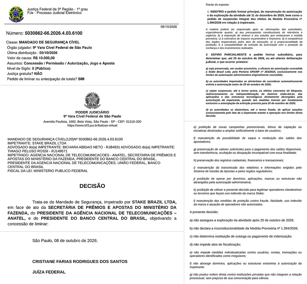 Jueza de São Paulo permite a Stake operar hasta el 25 de octubre