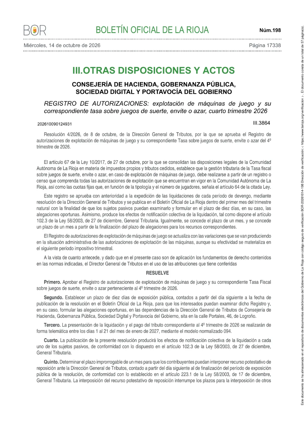 Hacienda de La Rioja publica el registro de máquinas y fija el pago de la tasa de juego para enero de 2027