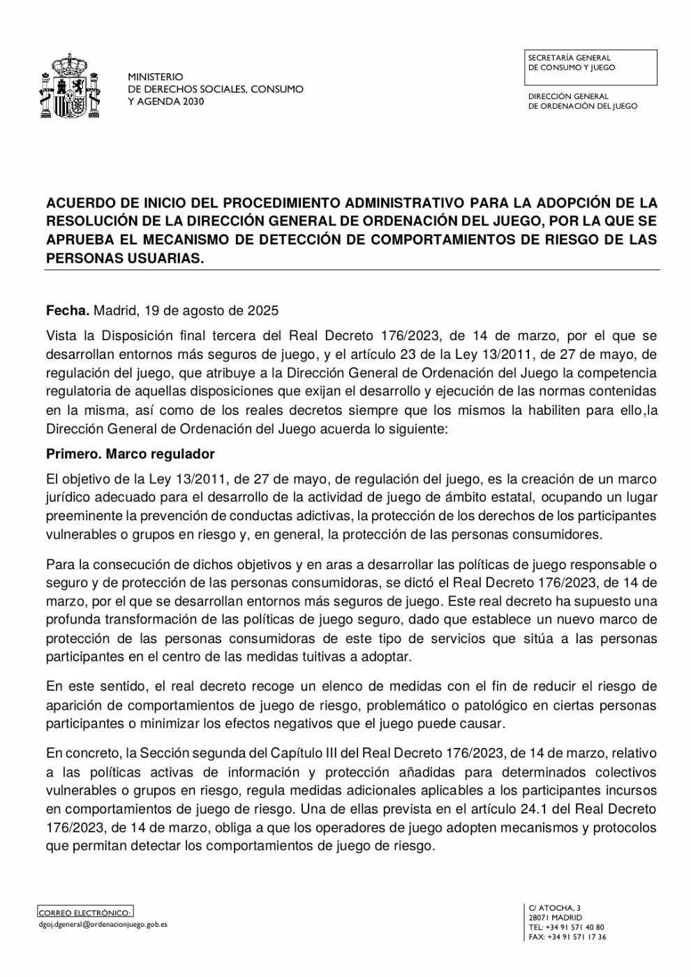 DGOJ abre trámite para implantar detección obligatoria de riesgo