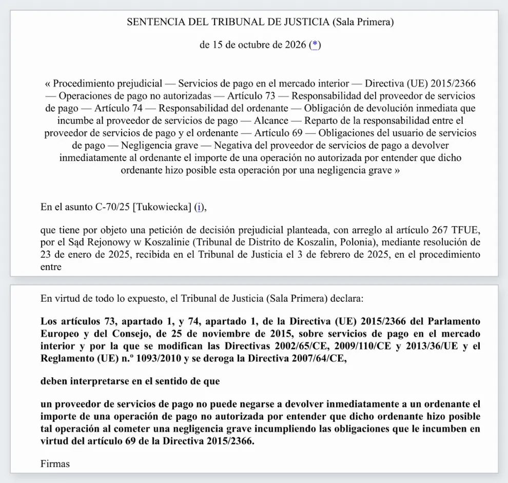 TJUE obliga a bancos a devolver pagos no autorizados de inmediato