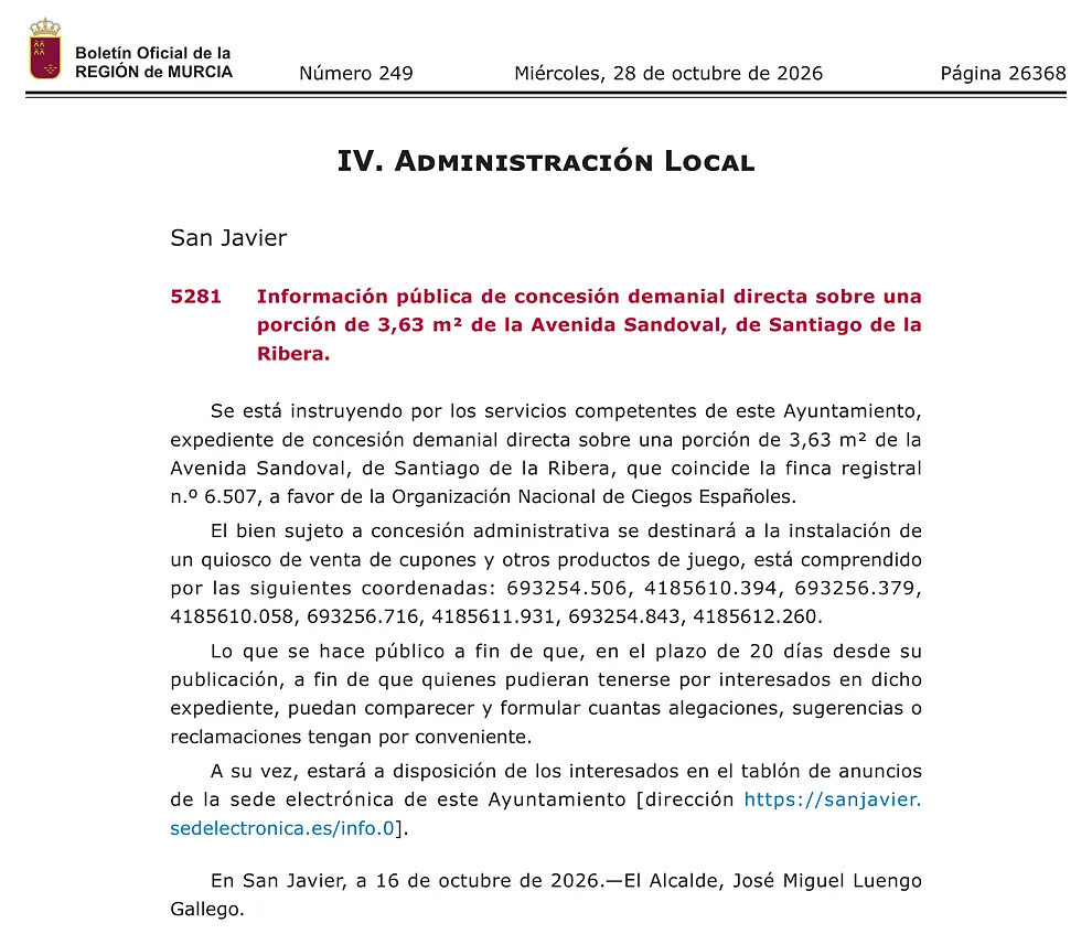 San Javier cede 3,63 m² a la ONCE para quiosco de juego