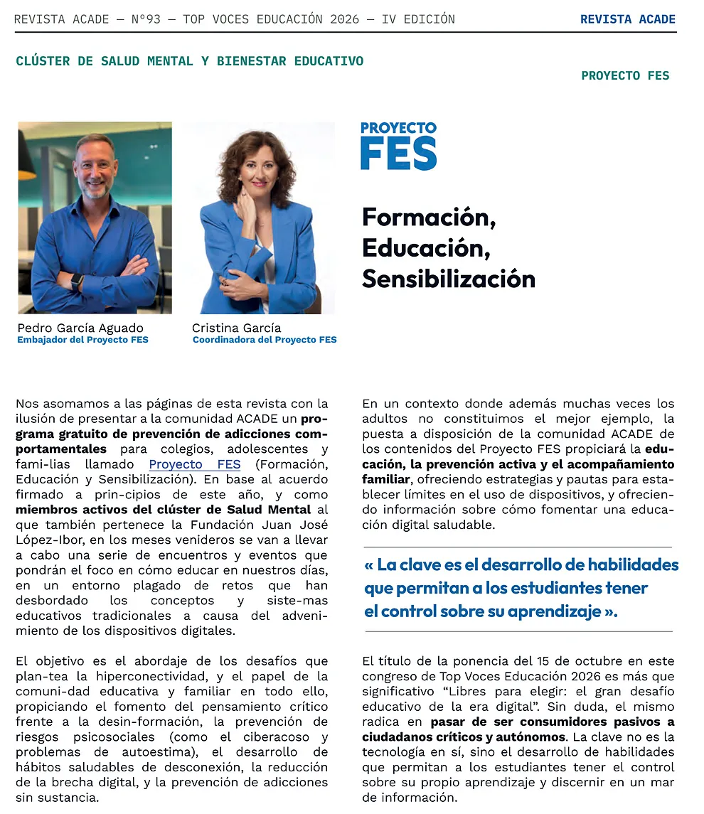 El Proyecto FES, protagonista del nuevo número de la Revista ACADE, la publicación de referencia de la educación privada